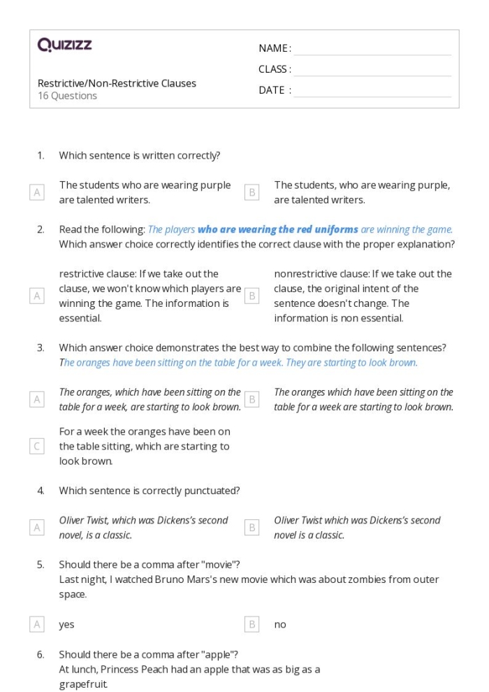 Sixth grade grammar worksheet showing sentences with restrictive and nonrestrictive clauses requiring comma placement practice