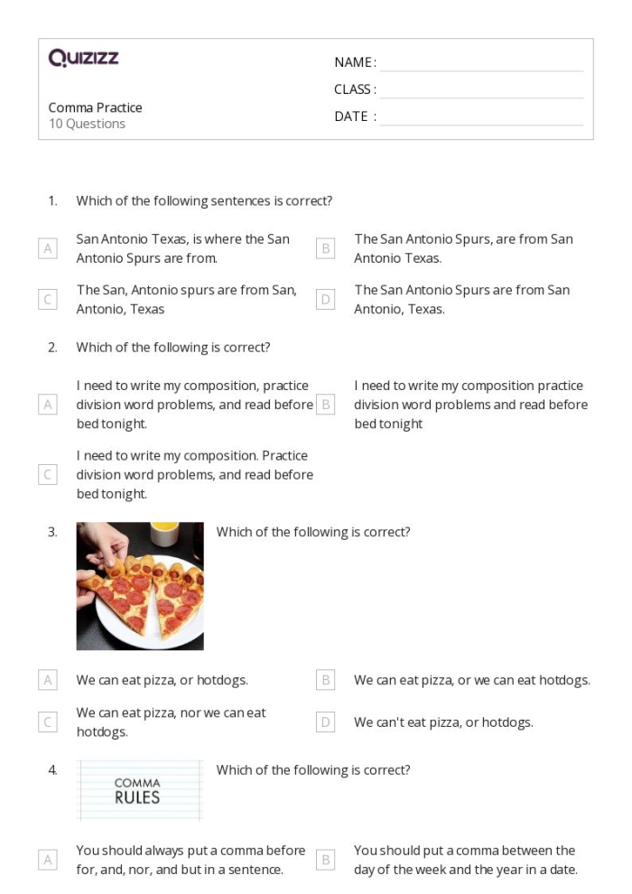 Sixth grade French worksheet focusing on adding commas to nonrestrictive sentence elements