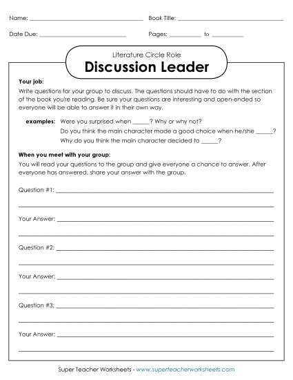 Worksheet for teachers to facilitate novel discussions and enhance critical thinking skills in sixth graders