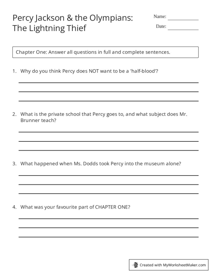Pre-reading activity worksheet for The Lightning Thief by Rick Riordan Worksheet for pre-reading activity on The Lightning Thief for sixth graders