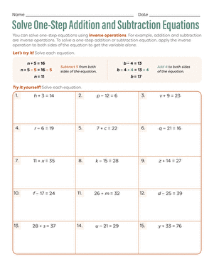 Worksheet for practicing one-step addition and subtraction equations for sixth graders