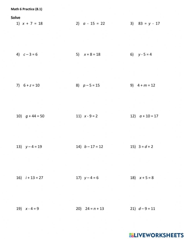 Worksheet for solving one-step addition and subtraction equations for sixth graders