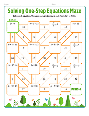 Sixth grade math maze worksheet featuring various one-step algebraic equations