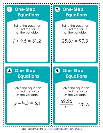 Sixth grade math worksheet for practicing one-step equations with mixed operations