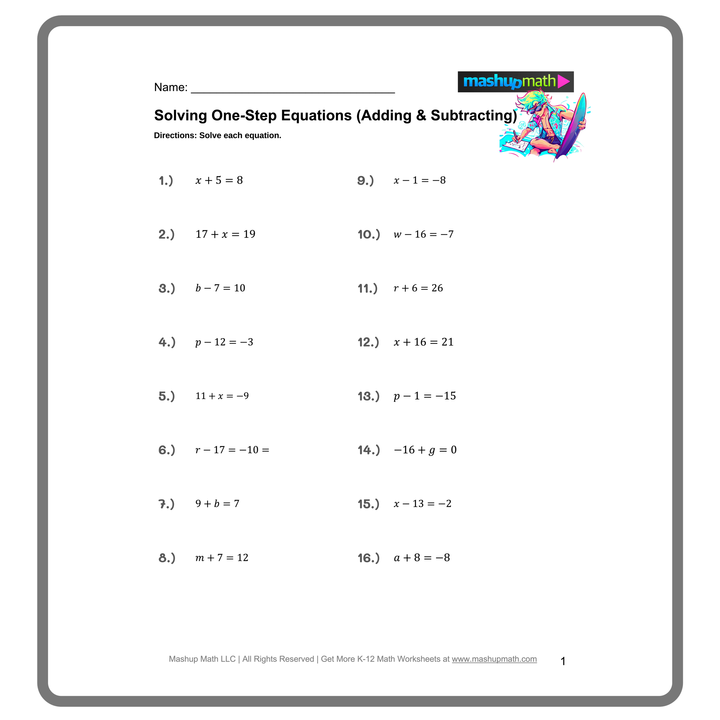 Sixth grade math worksheet for practicing one-step equations with mixed operations