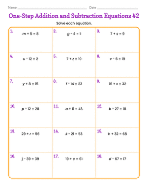 Worksheet featuring one-step addition and subtraction equations for sixth graders