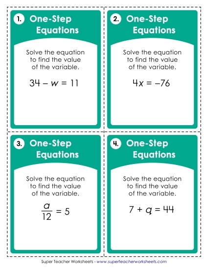 Worksheet featuring mixed operations for solving one-step equations for sixth graders