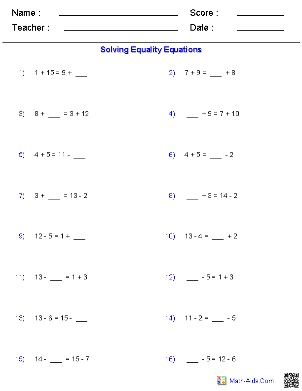 Sixth grade math worksheet for practicing one-step equations with mixed operations
