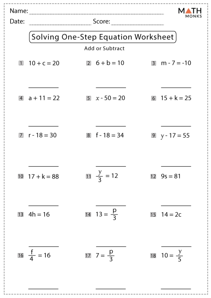Sixth grade math worksheet for practicing inverse operations in one-step addition and subtraction equations