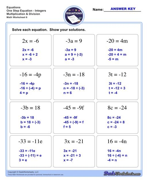 Worksheet for solving one-step addition and subtraction equations for sixth graders