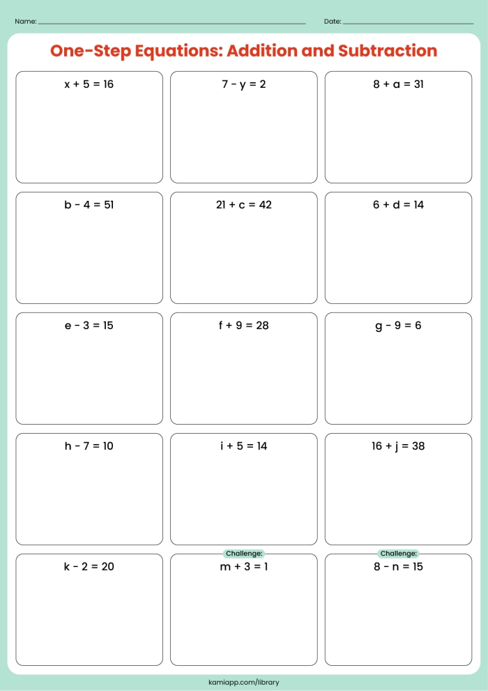 Worksheet featuring one-step addition and subtraction equations for sixth graders