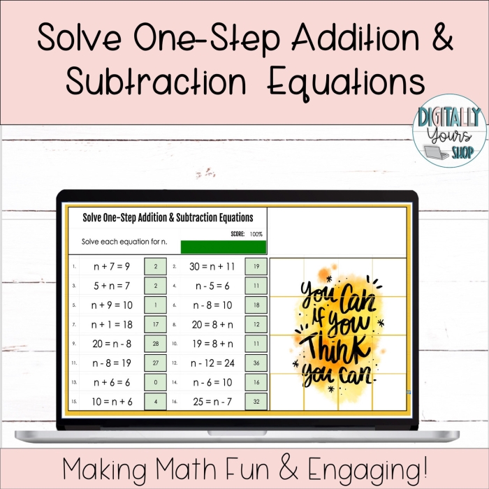 Worksheet featuring one-step addition and subtraction equations for sixth graders