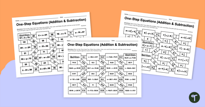 Worksheet featuring one-step addition and subtraction equations for sixth graders