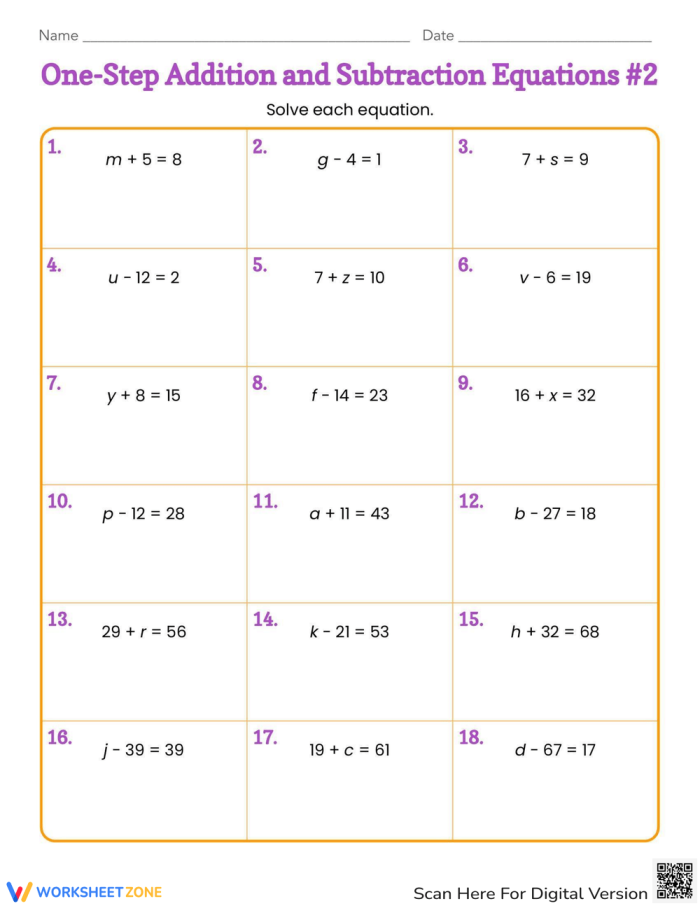 Worksheet for solving one-step addition and subtraction equations for sixth graders