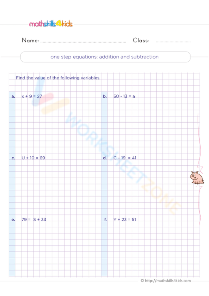 One-step addition and subtraction equations worksheet for sixth graders
