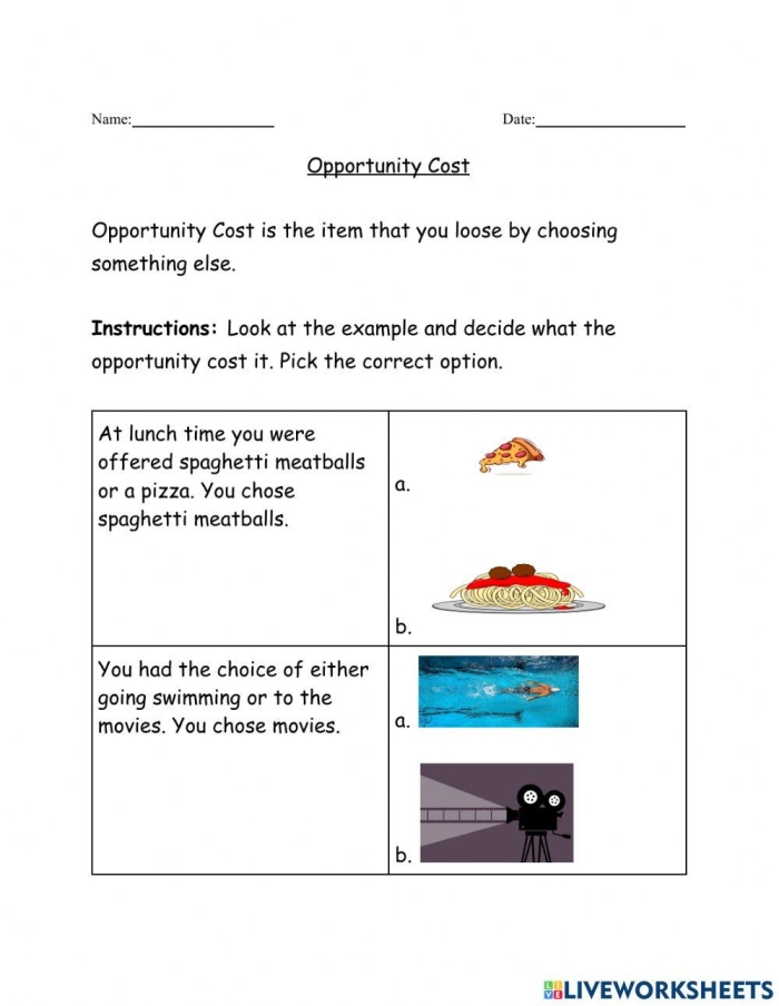 Engaging economics worksheet image focused on opportunity costs for students Opportunity Costs worksheet for sixth graders illustrating trade-offs in decision-making