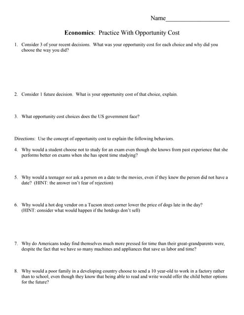 Engaging economics worksheet exploring opportunity costs and choices for students Opportunity Costs worksheet for sixth graders illustrating trade-offs in decision making