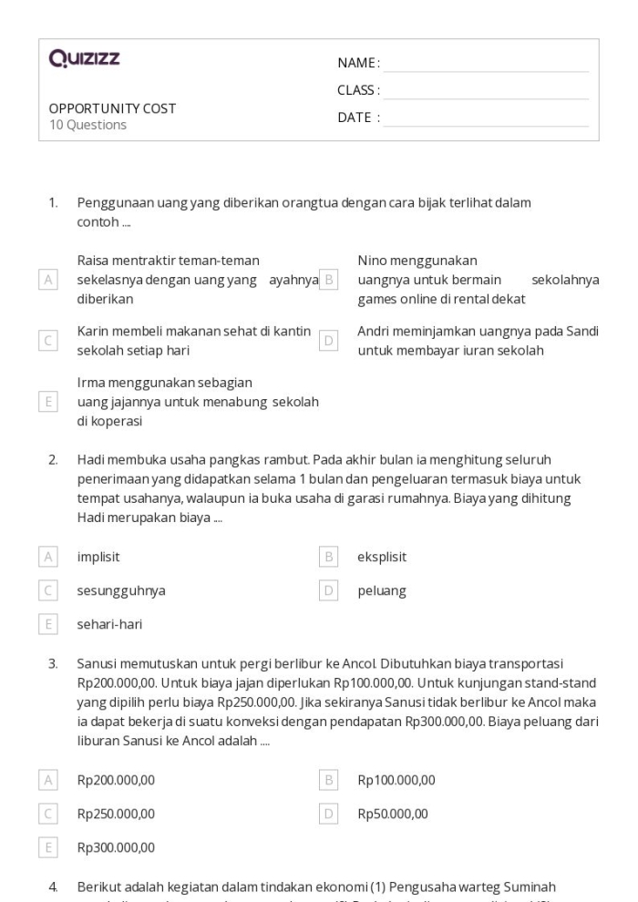 Engaging Opportunity Costs worksheet for understanding economic choices and consequences Illustration of a sixth-grade worksheet focused on opportunity costs and trade-offs in economics