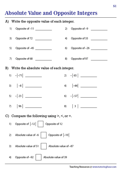 Sixth grade math worksheet showing opposite numbers and absolute value problems with rational numbers for comparison practice
