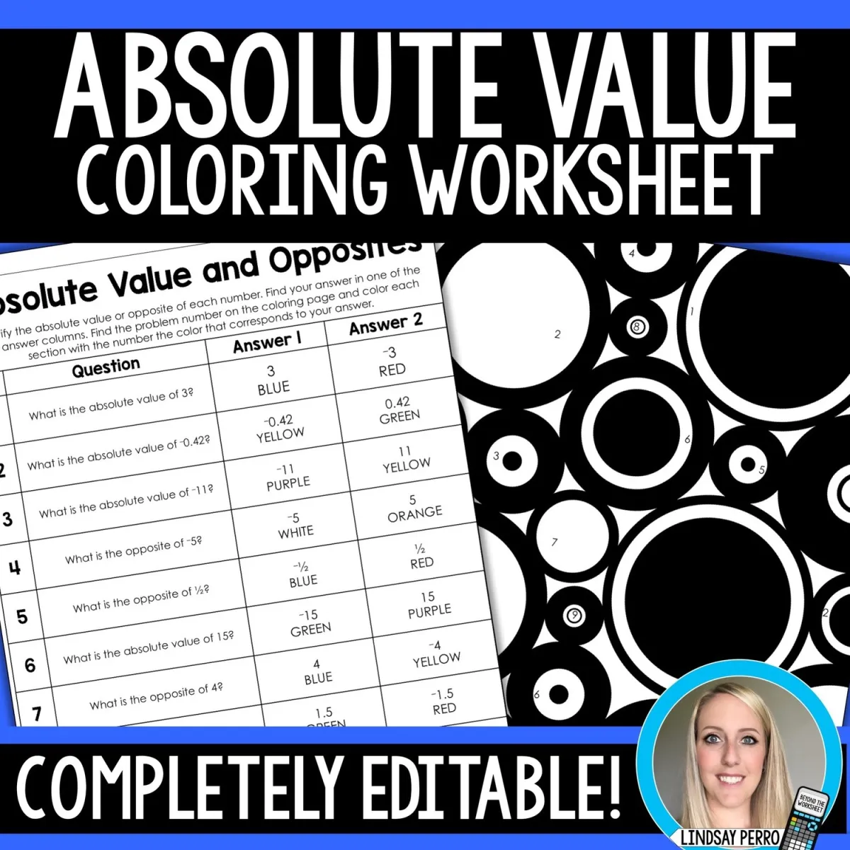 Sixth grade math worksheet for practicing opposites and absolute values of rational numbers