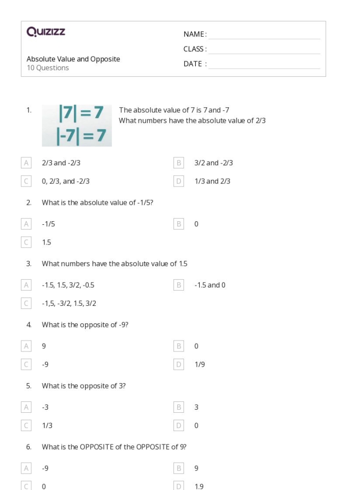 Sixth grade math worksheet focused on calculating opposites and absolute values of rational numbers