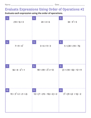 Sixth grade math worksheet focused on solving numerical expressions using the order of operations and exponents
