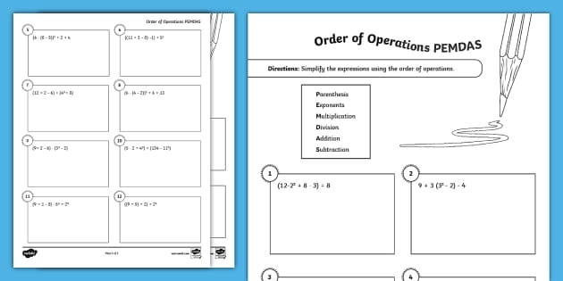 Worksheet featuring sixth-grade students practicing order of operations with exponents