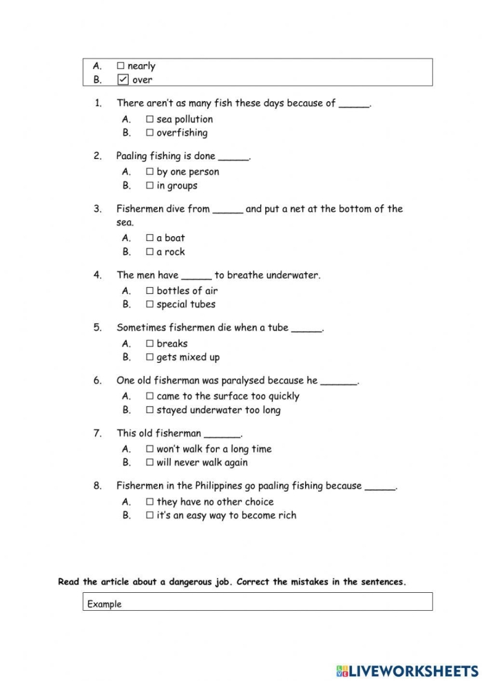 Sixth grade science worksheet focused on analyzing the environmental consequences of overfishing