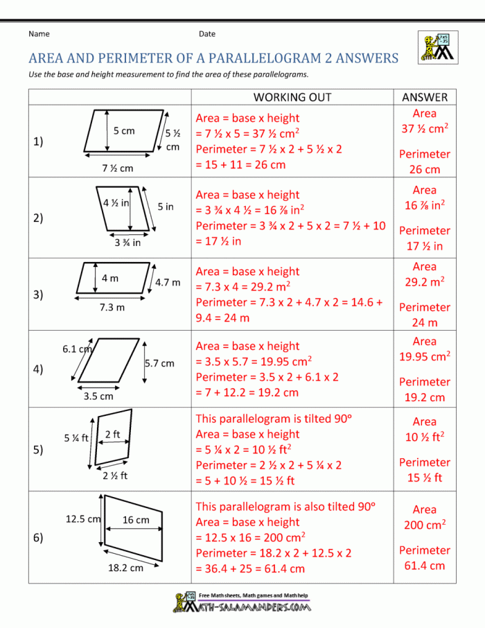 Worksheet featuring various parallelograms for area calculation practice