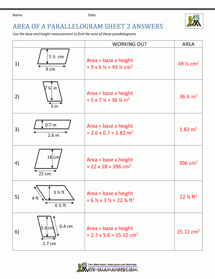 Worksheet featuring various parallelograms for area calculation practice
