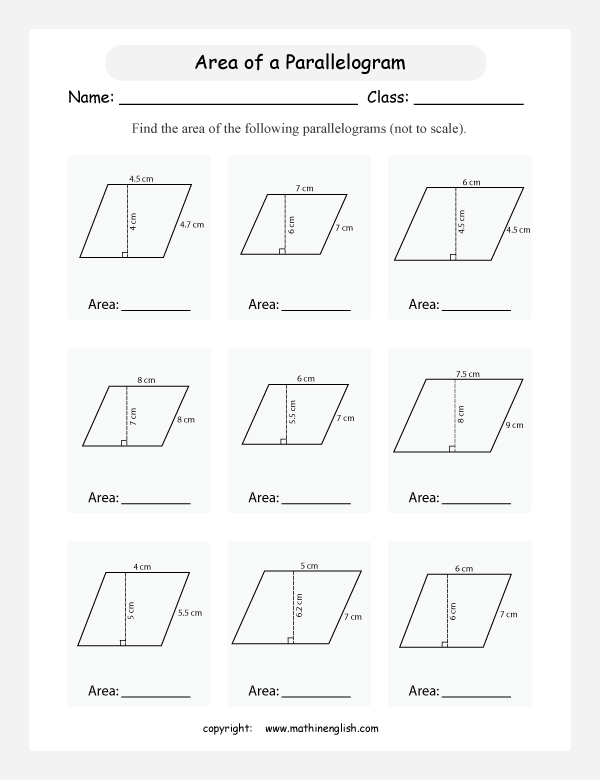 Worksheet for practicing the area of various parallelograms for sixth graders