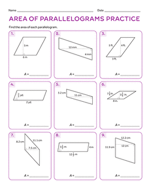Sixth grade math worksheet showing various geometric parallelograms for calculating area
