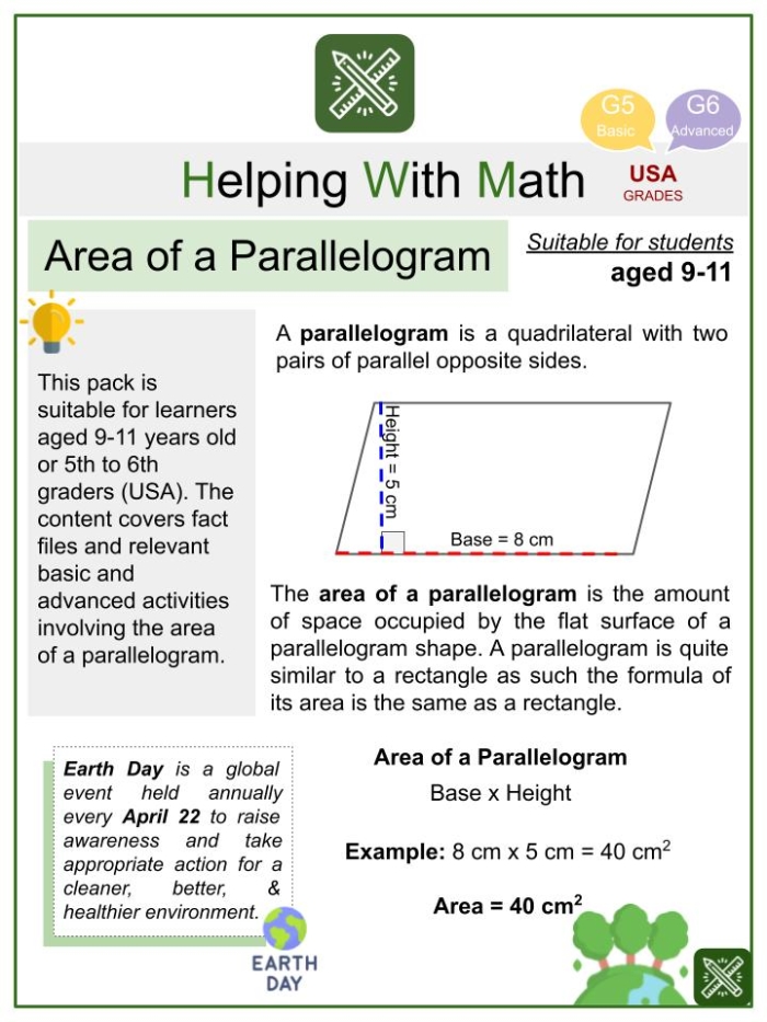 Sixth grade geometry worksheet featuring practice problems for calculating the area of parallelograms