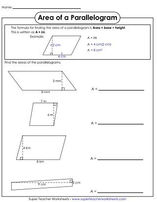 Worksheet for practicing the area of various parallelograms suitable for sixth graders