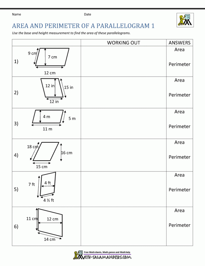 Sixth grade geometry worksheet featuring practice problems for calculating the area of parallelograms