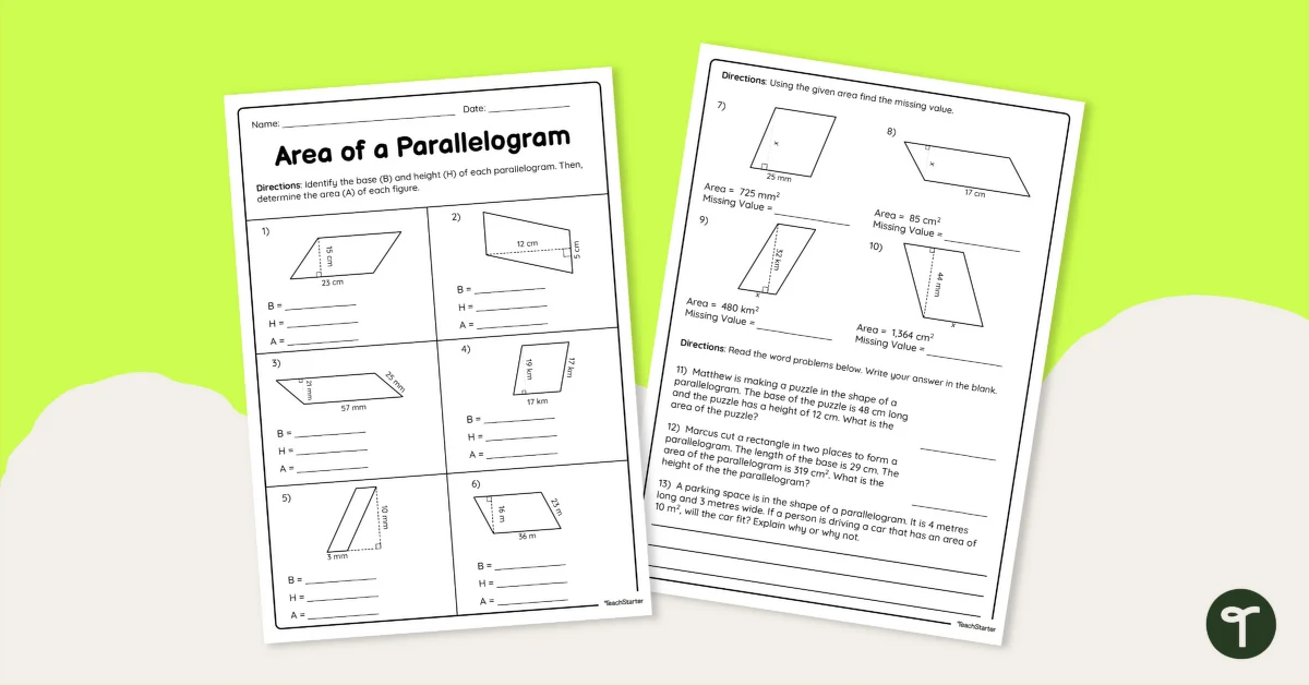 Sixth grade geometry worksheet featuring practice problems on calculating the area of parallelograms