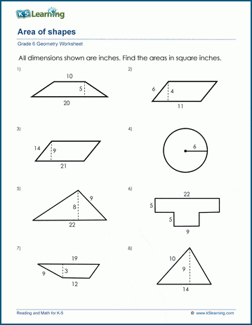 Sixth grade math worksheet for calculating the area of parallelograms using geometric formulas