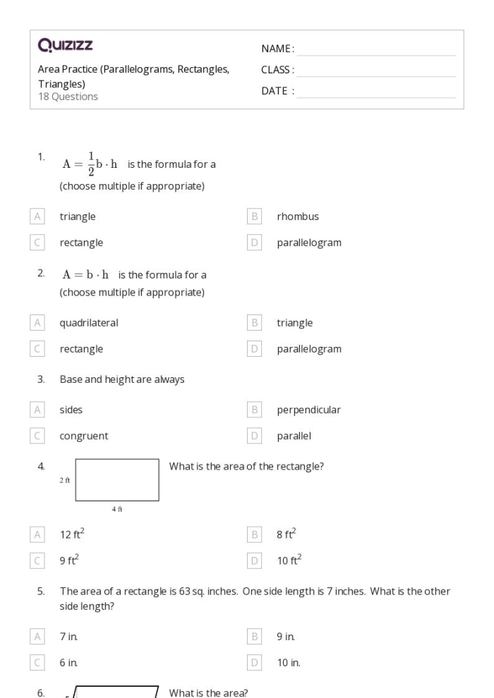 Sixth grade geometry worksheet featuring multiple parallelogram shapes to calculate area