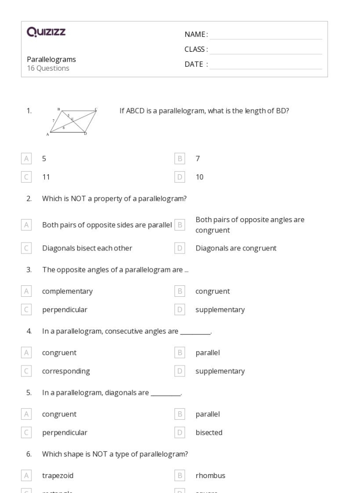 Sixth grade math worksheet featuring a variety of parallelogram shapes for area practice