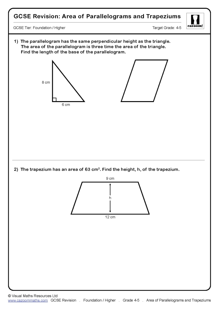 Sixth grade students calculating the area of various parallelograms on a geometry practice page