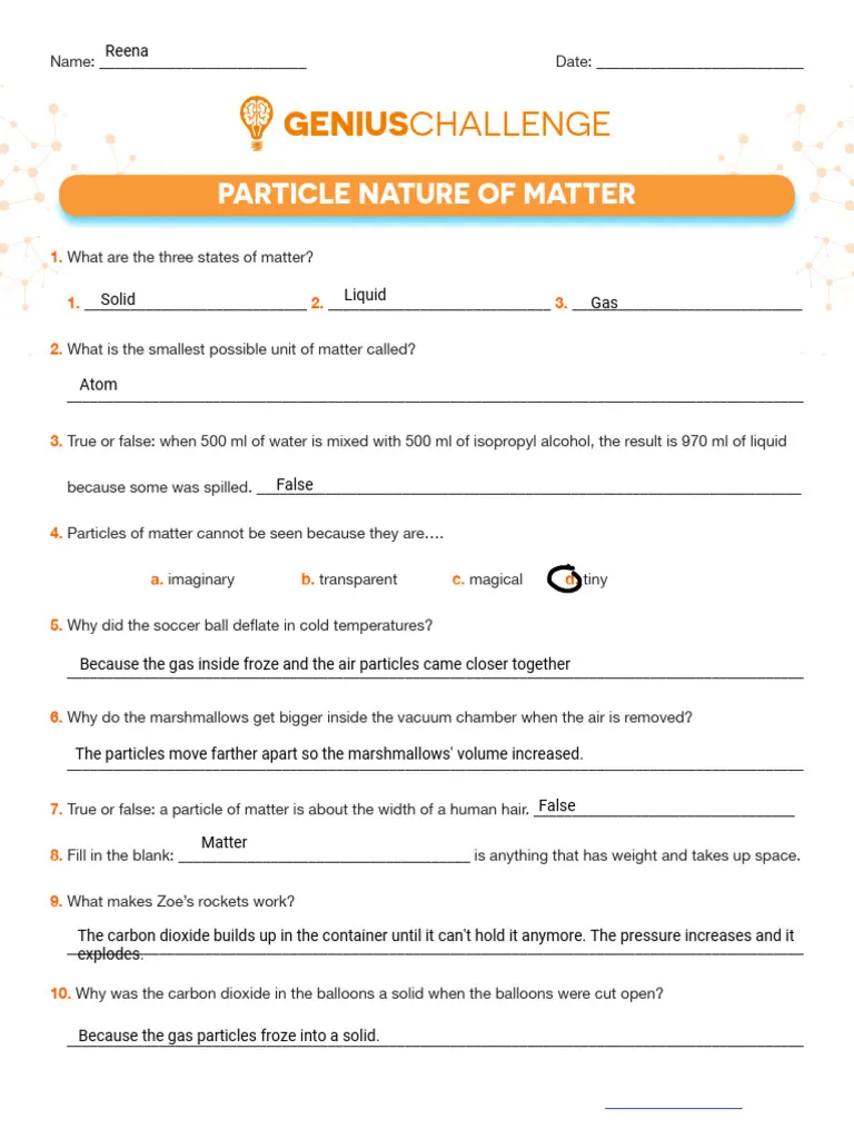 Sixth grade chemistry worksheet showing particle model diagrams for classifying different states of matter