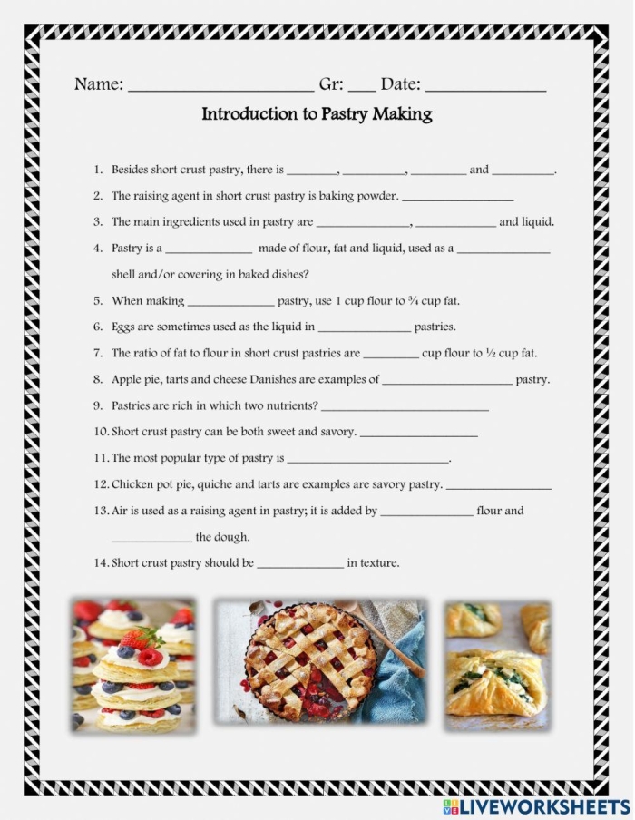 Sixth grade student completing a pastry-themed spelling practice worksheet with vocabulary exercises