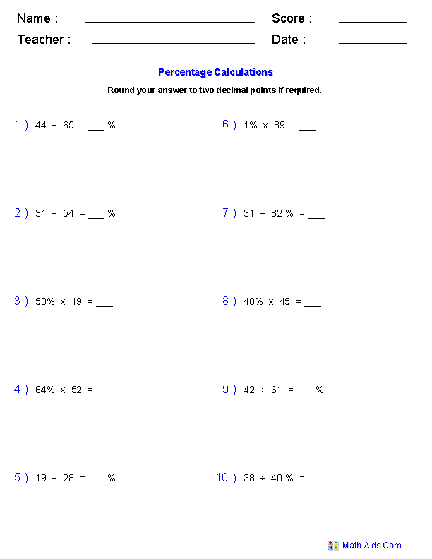 Sixth grade students learning percent concepts with fraction and decimal conversions on a math worksheet