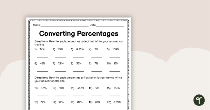 A sixth grade math worksheet exploring the relationship between percents fractions and decimals