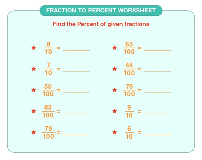 Sixth grade student learning about percent concepts with fractions and decimals on a math worksheet
