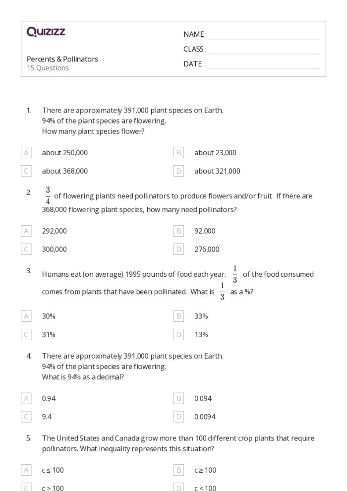 Sixth grade math worksheet showing percent problems with fractions and decimals for students learning basic percent concepts