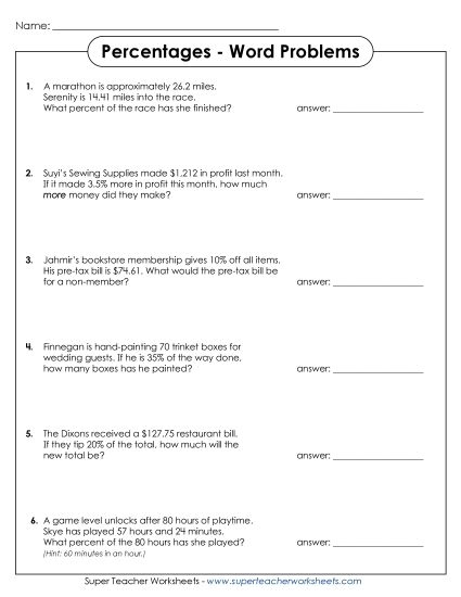 Sixth grade math worksheet showing percent problems where students calculate the whole number from a given part and percentage