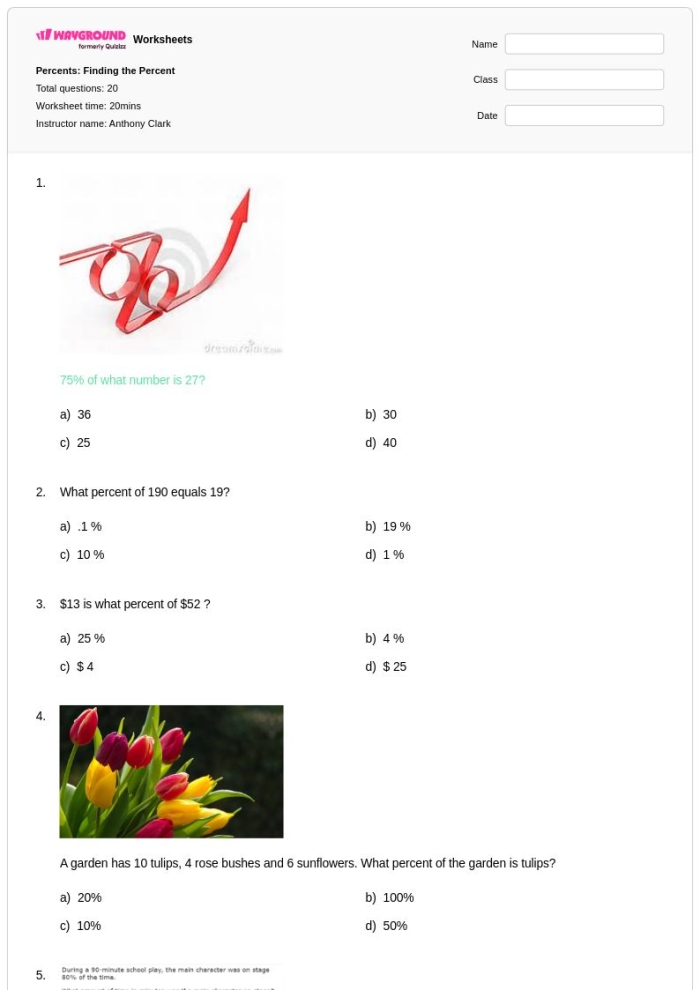 Sixth grade math worksheet focused on calculating the whole value from given percentages