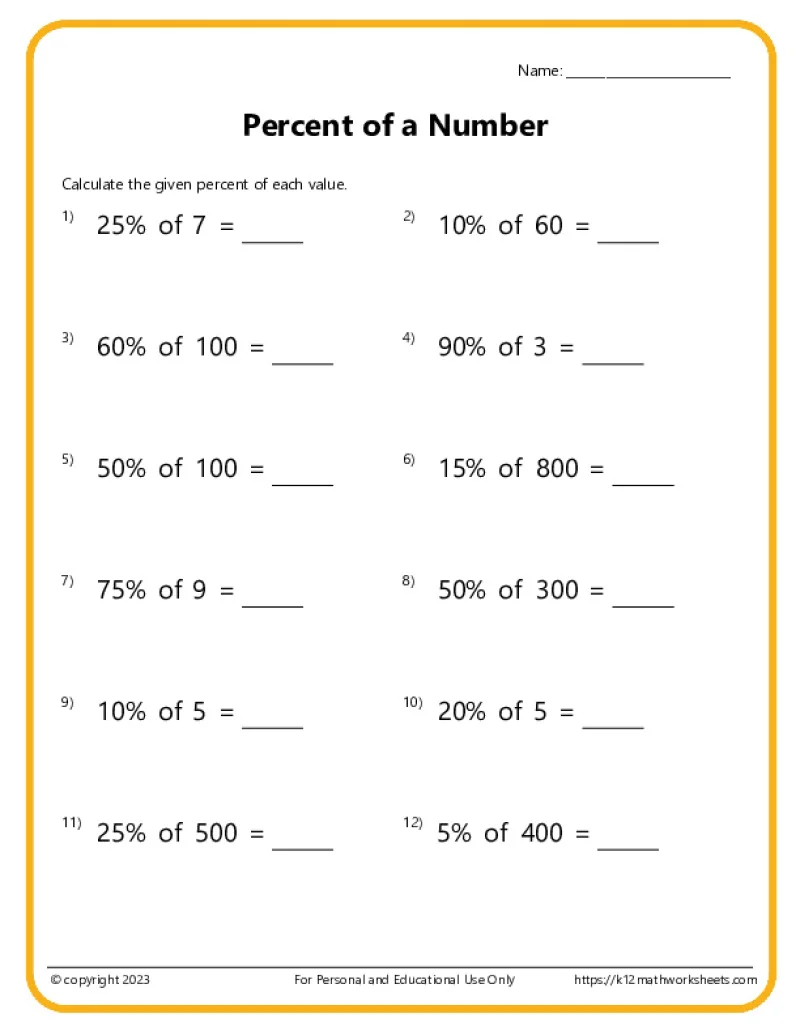 Sixth grade student learning about percent symbols fractions and decimals on a math worksheet