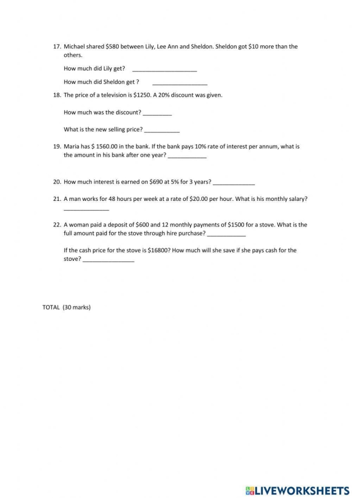 Sixth grade math worksheet for calculating percentages part 2